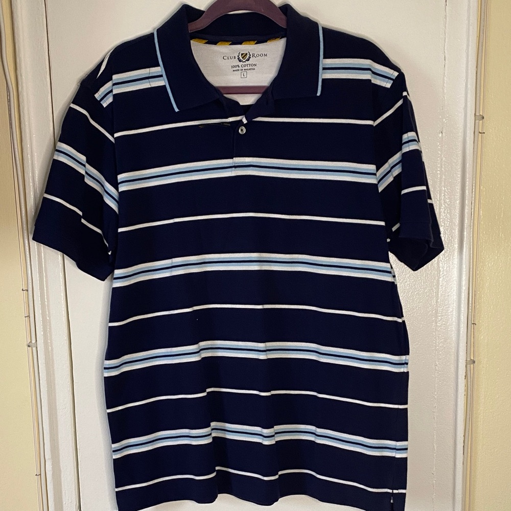 Club Room Men's Striped Polo Shirt Large Navy Blue Short Sleeve
